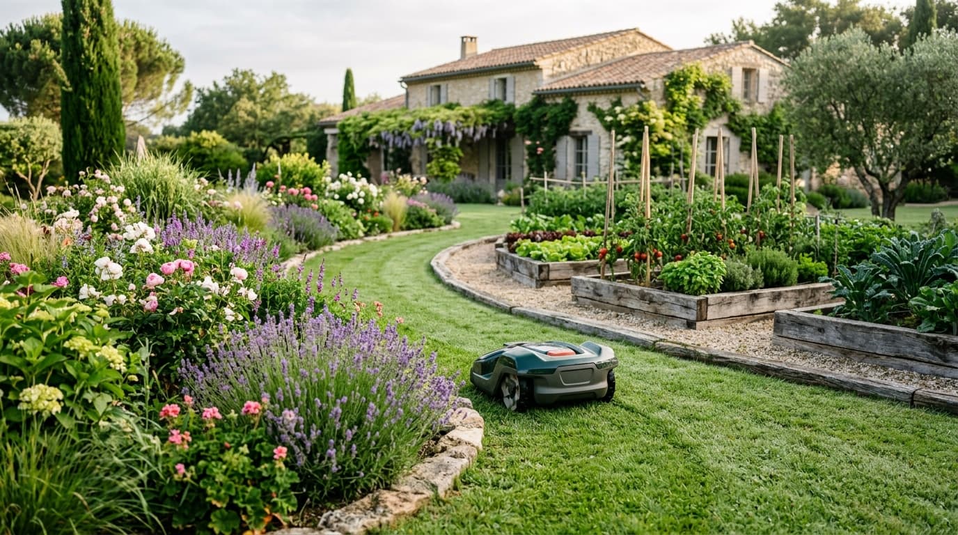 Quel robot tondeuse pour un jardin avec massifs et potager ?